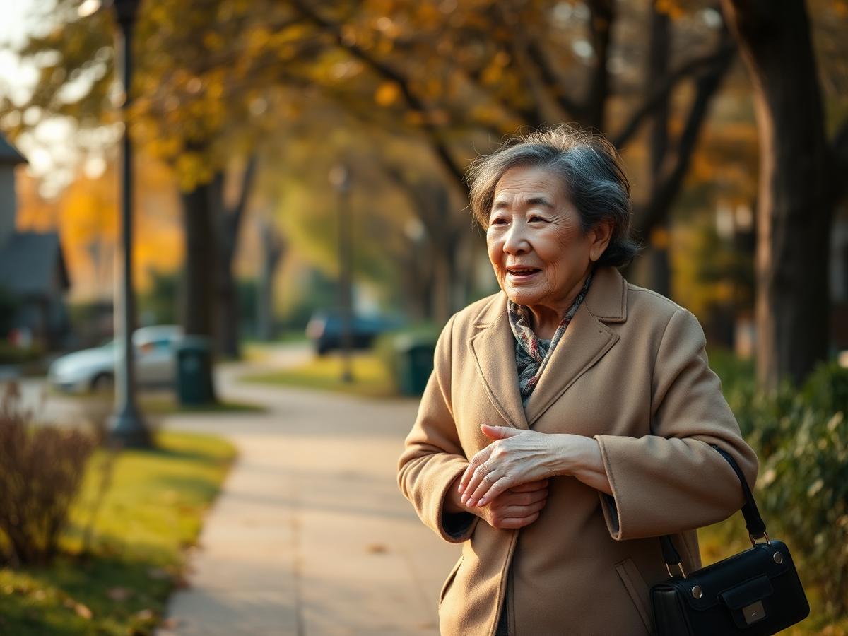 어르신이 요양보호사와 동네를 산책하는 모습